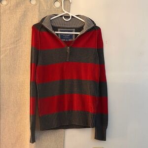 American Eagle Outfitters Men's Red and Gray Zip-Up Sweater